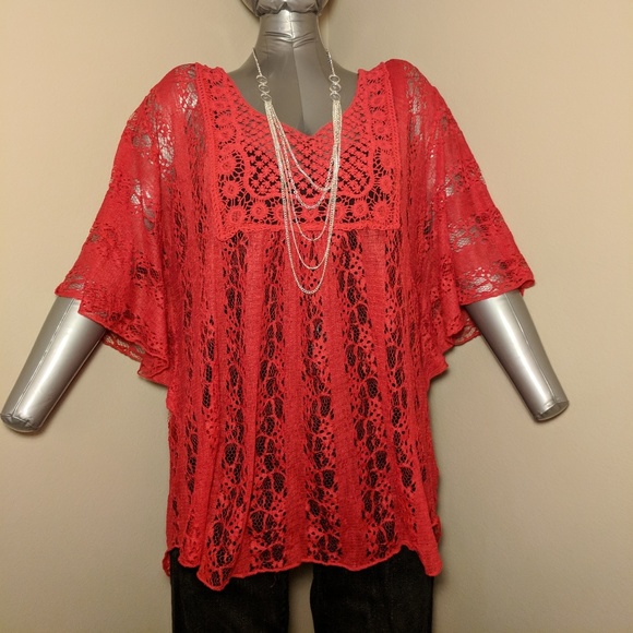 Red Versatile Lace Sheer top or swim cover-up - Picture 5 of 7